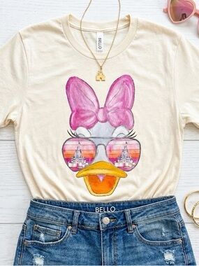 Cream Graphic Daisy Duck Castle Sunglasses Tee Shirt with Pink Bow Bella Canvas